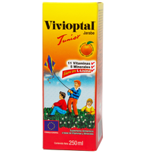 Cargar imagen en el visor de la galería, VIVIOPTAL JUNIOR JARABE CON VITAMINAS Y MINERALES PARA NIÑOS, CAJA CON FRASCO DE  250 ML.
