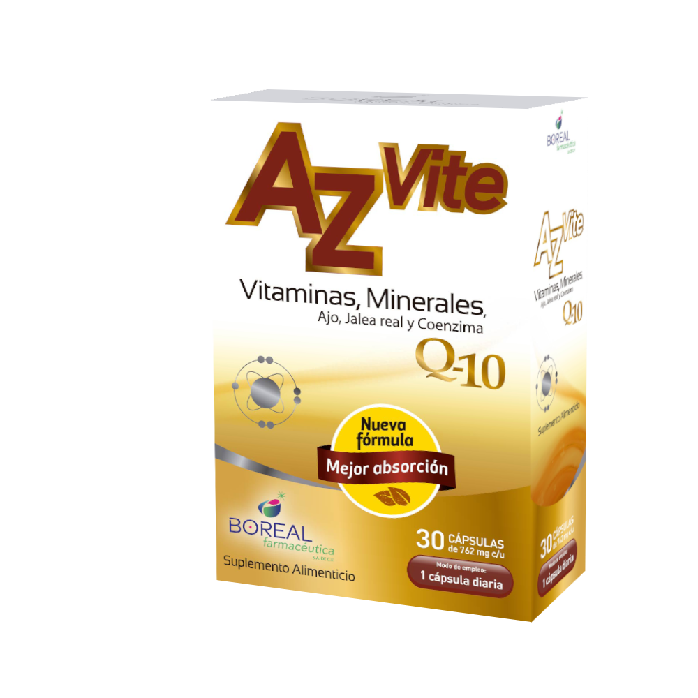 AZVITE VITAMINAS Y MINERALES CON AJO, JALEA REAL Y COENZIMA Q10.  CAJA CON 30 CAPS.